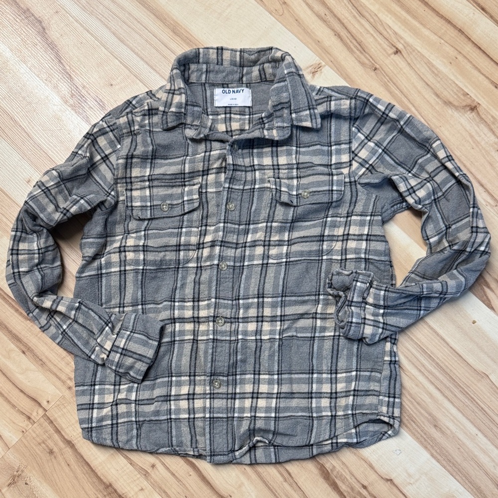 Old Navy Boys Gray and Cream Plaid Button-Down Shirt